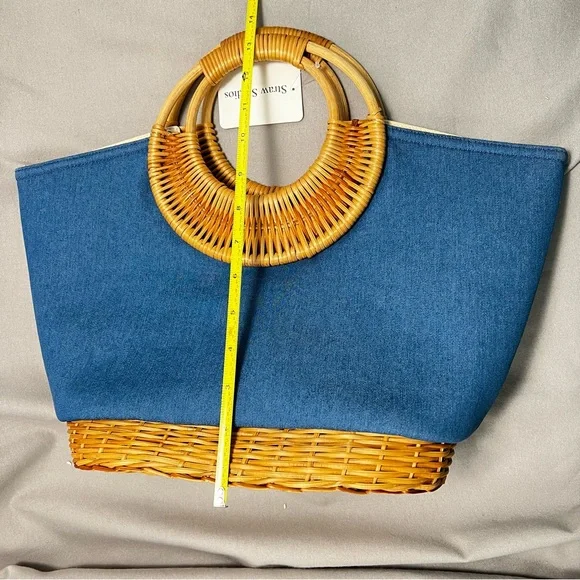 Straw Studios Blue Denim Handmade Rattan Trimmed Zipper Close Tote Handbag - Picture 12 of 14